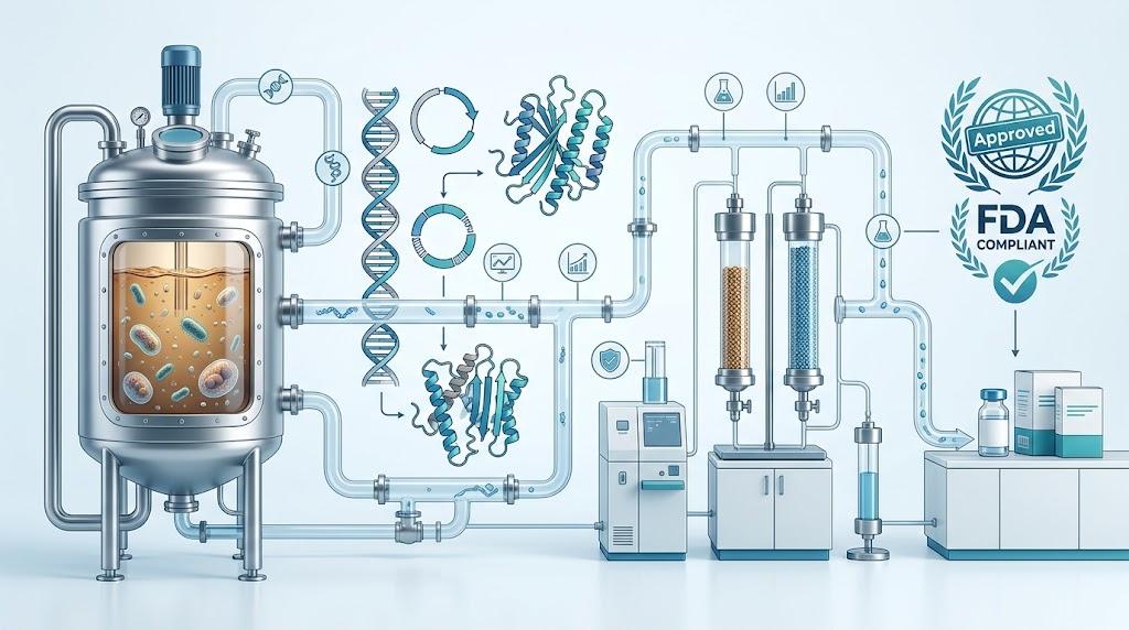 Biomanufacturing workflow for animal-free dairy proteins.